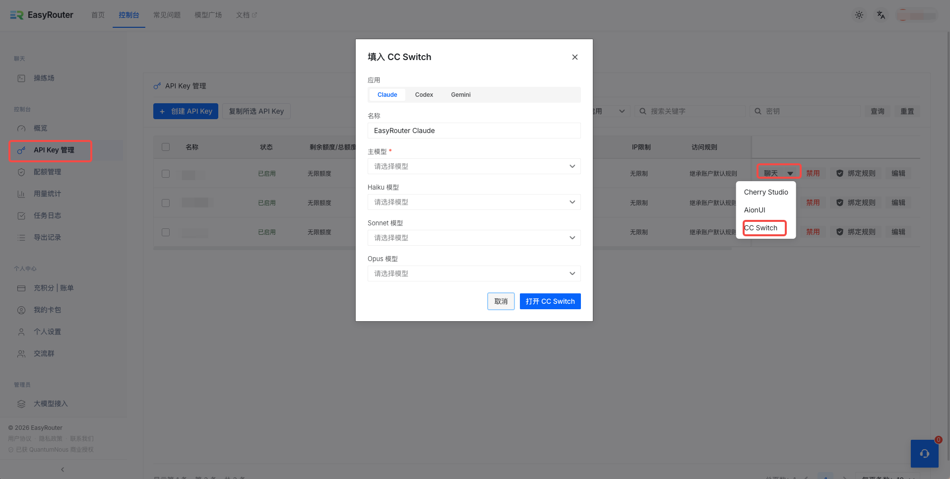 填入 CC Switch 弹窗